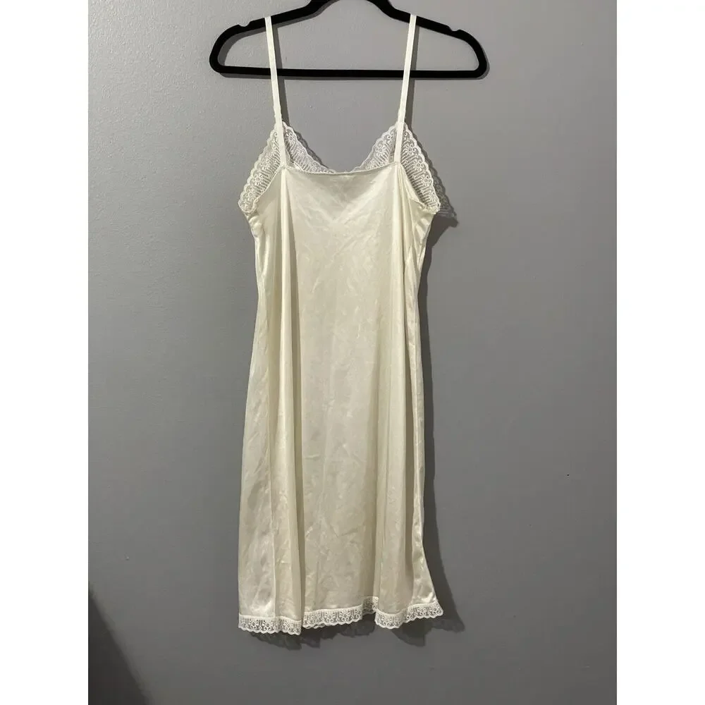 Sears 36 Full Slip Night Dress Vintage Nylon Ivory Lace Adjustable Strap V-neck*